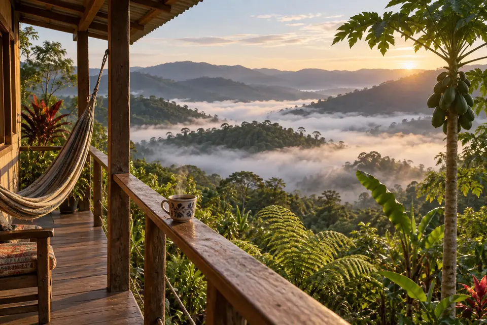 Terraza de madera con hamaca y una taza de café, mirando la neblina del valle al amanecer