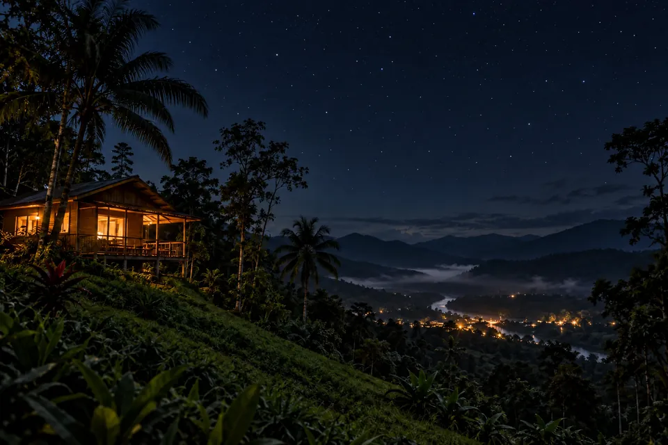 Cabaña con luz cálida en las ventanas bajo un cielo estrellado
