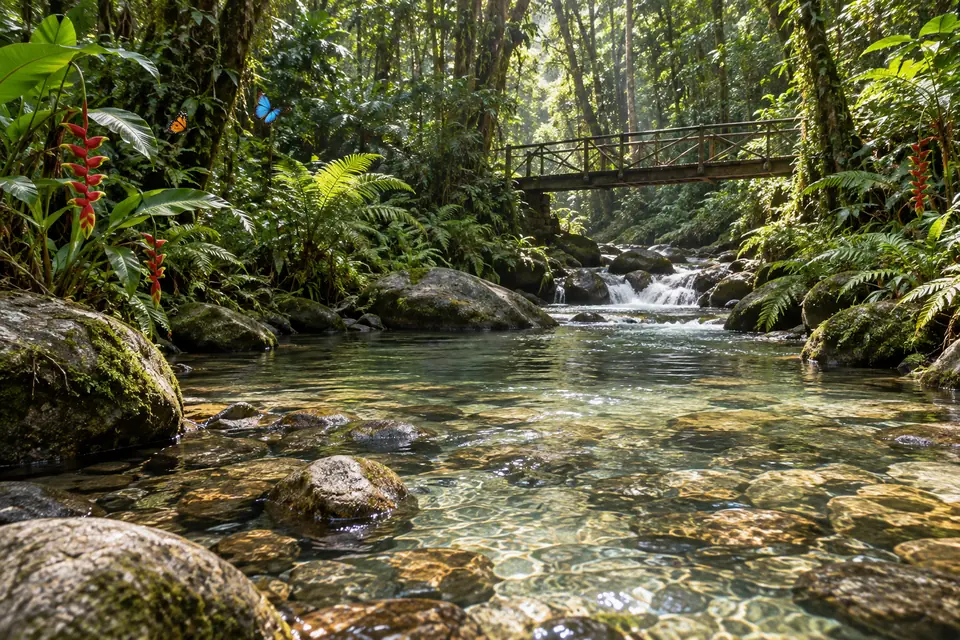 Río de agua clara entre piedras y helechos