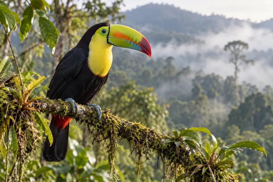 Tucán posado en una rama con la neblina del bosque detrás
